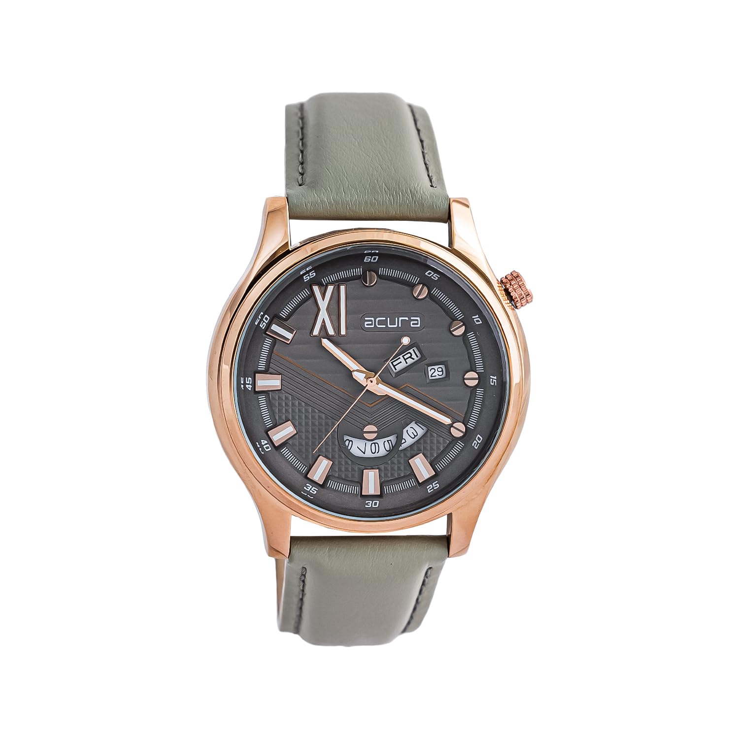 Acura Analog Watch for Men with Day/Date Function, Grey Textured Dial, and Grey Leather Belt (B0C9N31Q61) Amazon Price History, Amazon Price Tracker