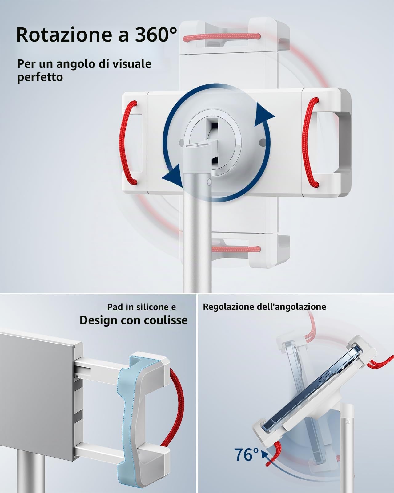 SAIJI Supporto per tablet regolabile, supporto per telefono con ampia base stabile, angolo regolabile e altezza compatibile con iPhone iPad Pro Air Mini da 4,7-12,9" (Argento)