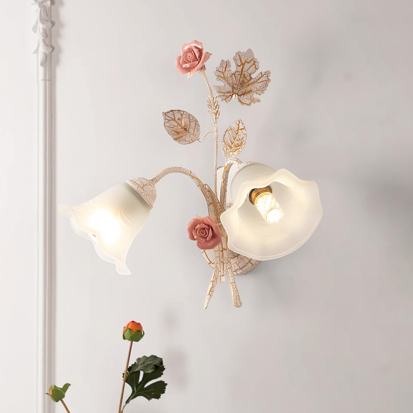 meibeileil Retro Flower Wall Lights for Living Room,Art Deco Crackle Metal Base Wall Lamp for Bedrooms,Ceramic Pink Roses Floral Glass Shade Flush Mount Wall Scone for Hallway,Bedside,2Heads.
