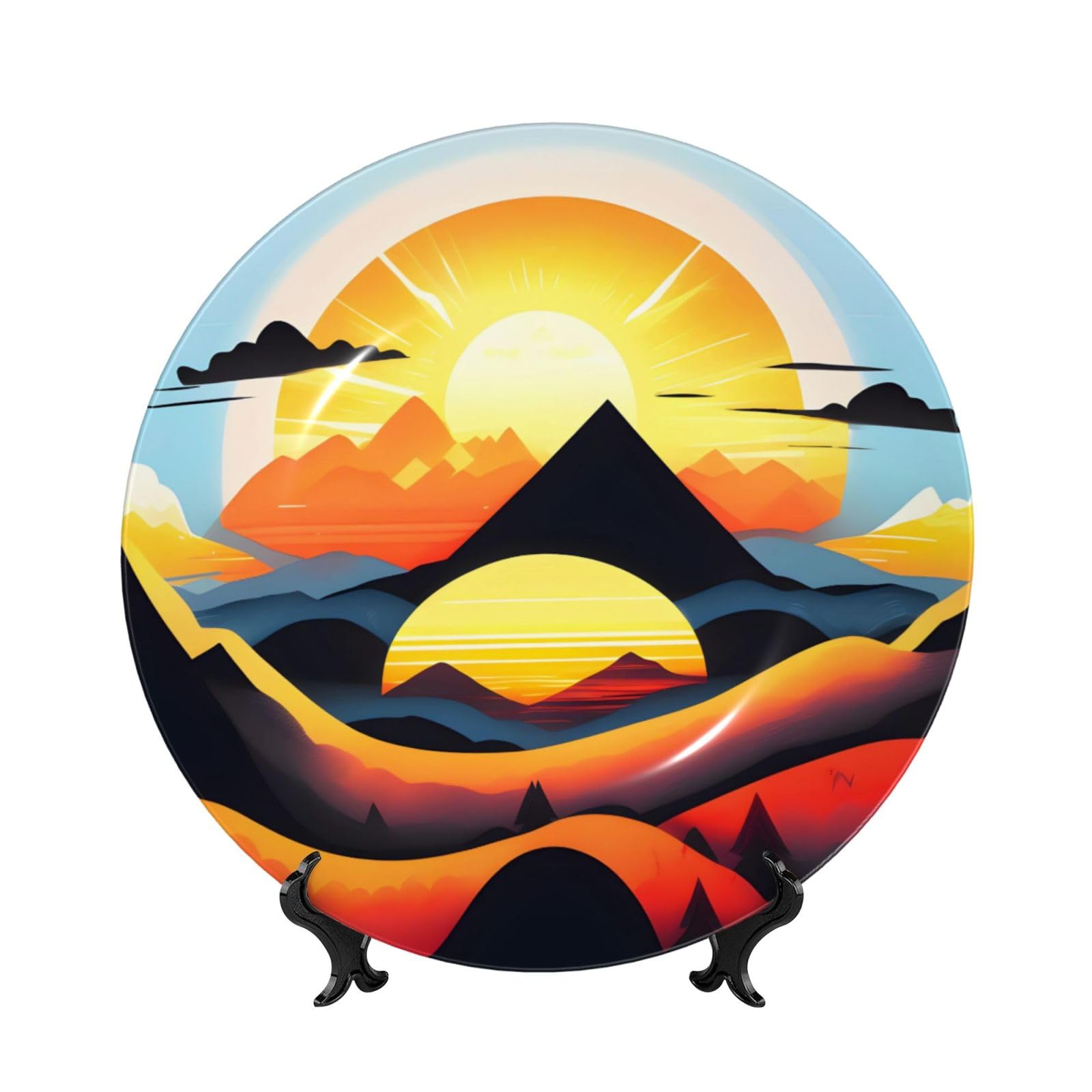 SXZVVBN Sunrise Mountain Bone China Decorative Plate Art with Stand Removable Adhesive Hanging for Home Office 7in
