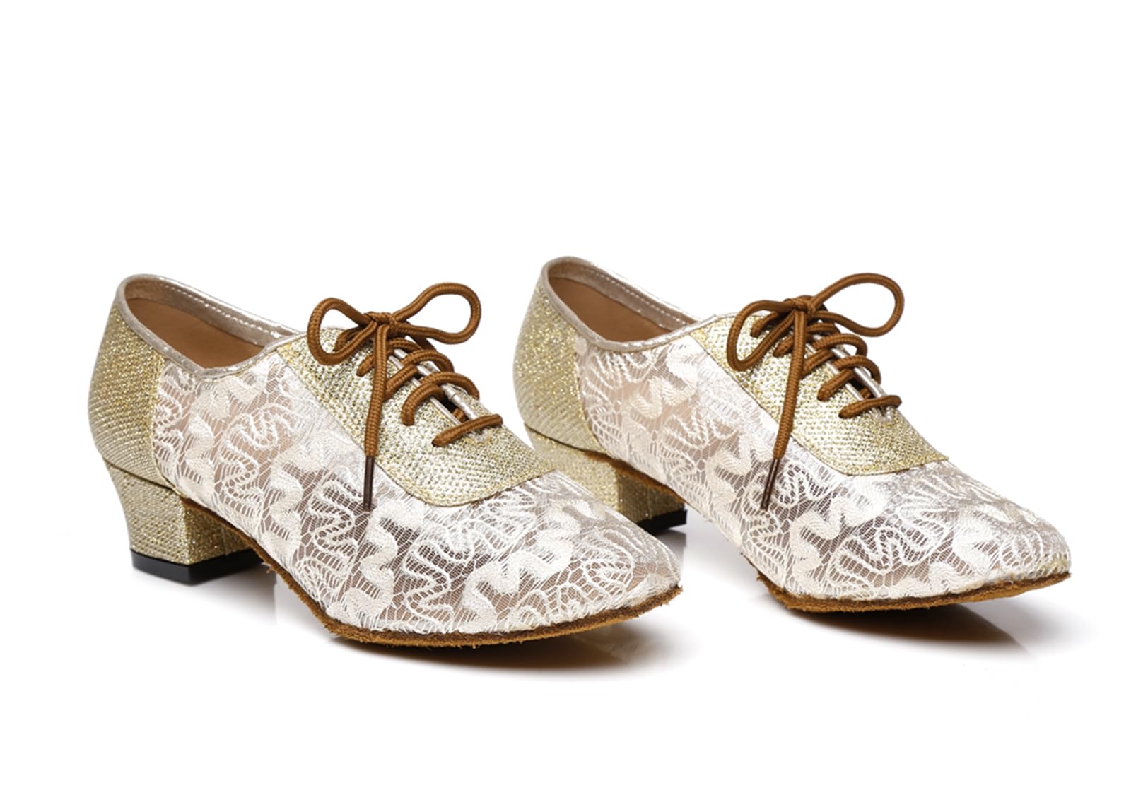 ZHCRCfirm Low Heel Dance Shoes for Women with Closed Toe Mesh Lace up Ballroom Party Latin Salsa Tango Dance Practice Shoes Pale Gold US 8