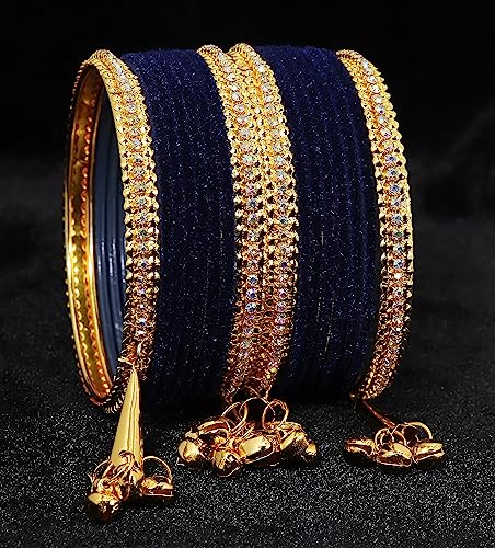 Image of NMII Metal with Zircon Gemstone and Velvet Studded Bells Latkan Bangles Set For Girls and Women I Latkan Bangles, Premium Bangle Bracelet Set I Pack of 16 Bangles