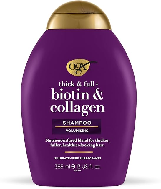 OGX Szampon Biotin & Collagen (385 ml), biotyna, kolagen i hydrolizowane białko pszenicy, bez siarczanów i parabenów, wzmacniacz i teksturyzator do włosów (opakowanie może się różnić)
