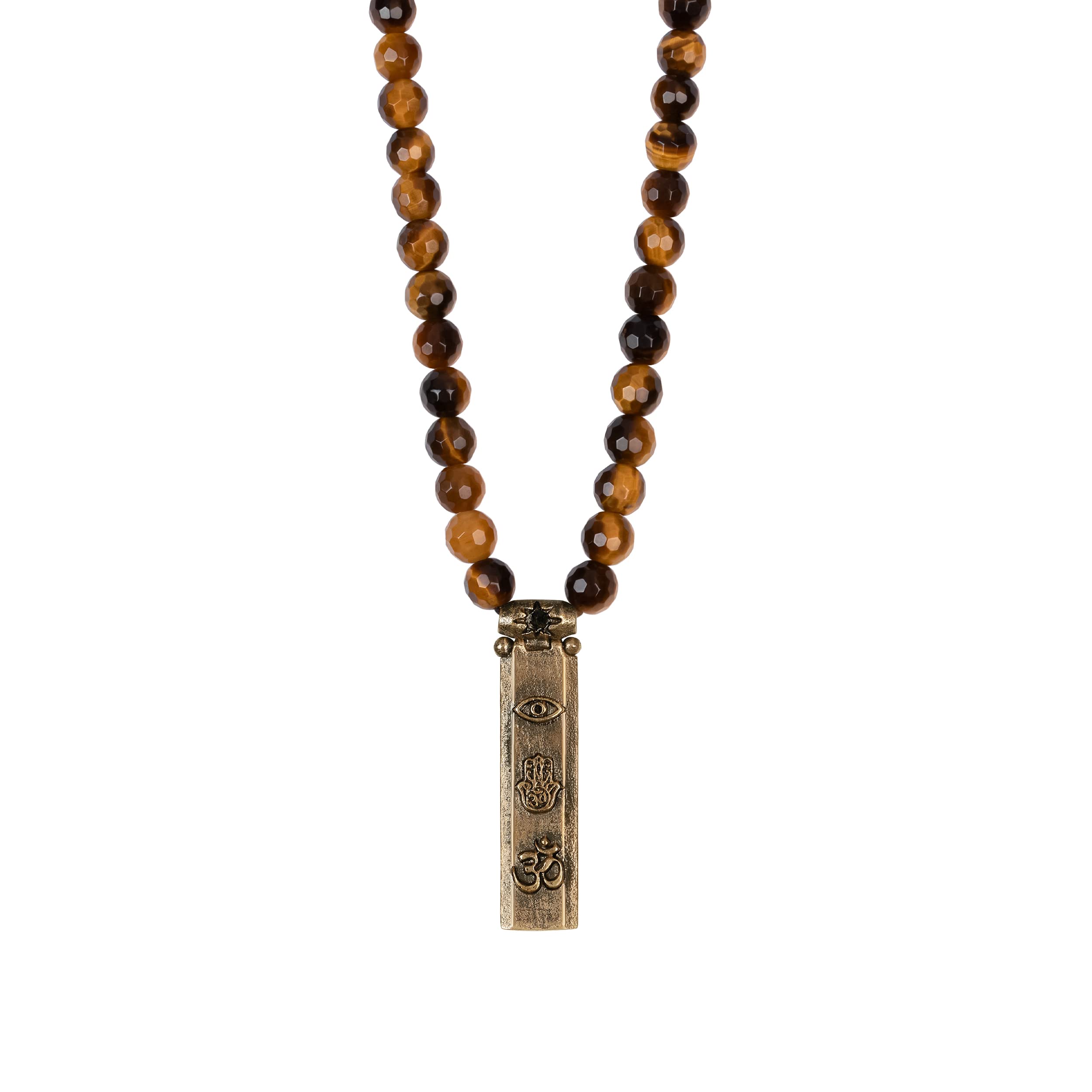 KARMA AND LUCK, Fearless Spirit, Men’s Protection Necklace, Tiger’s Eye Onyx Gemstones & Bronze Pendant with Hamsa, Evil Eye, & Om, Adjustable 24-28”