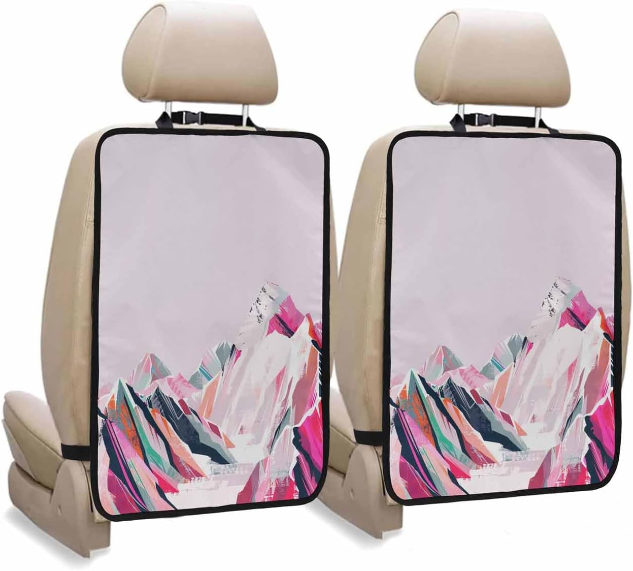 Car Seat Protector, 2 Pack Kick Mats with Organizer - 3 Pocket Storage, Abstract Pink Mountain Colored Drawing Oil Painting Back Seat Cover for Kids Universal Fit Automotive Interior Protectors