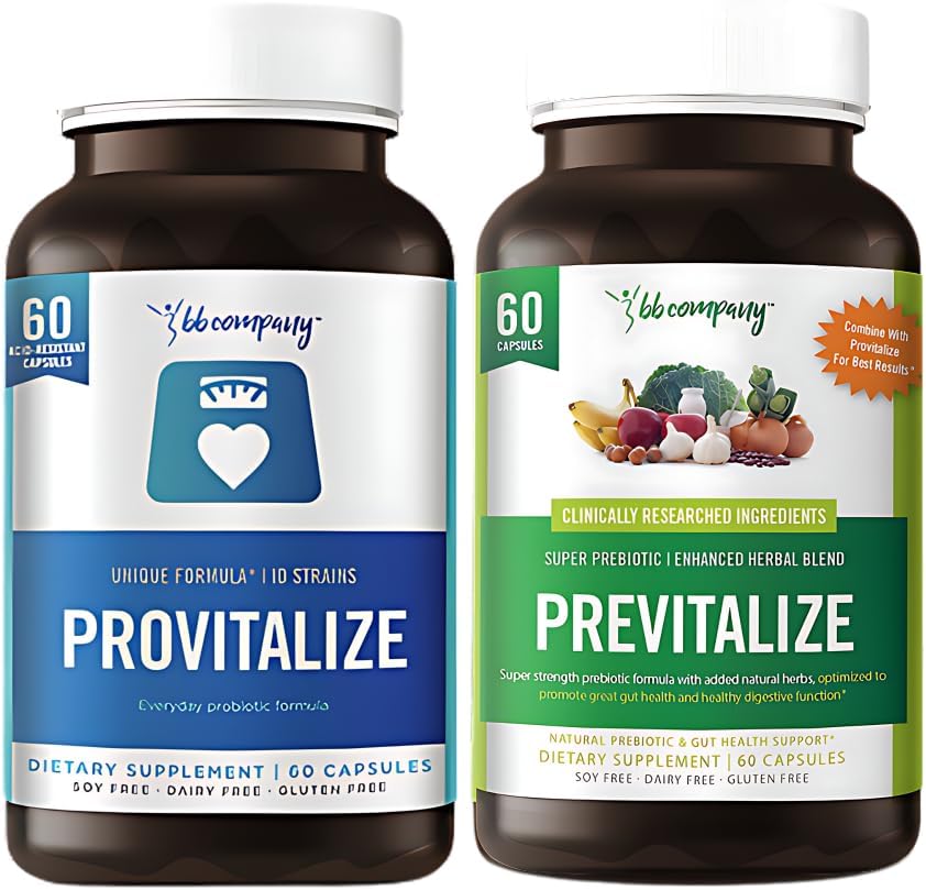BB Company Provitalize & Previtalize Everyday Probiotic & Natural Prebiotic Formula with Natural Added Herbs for Women Promote Gut Health Digestive Function, 60 Capsules Pack of 2 (Packaging May Vary)