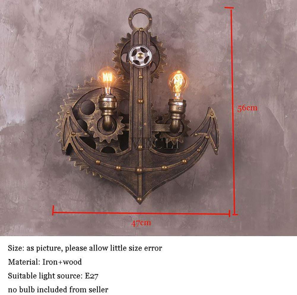 WXKAGF Lampada da Parete Stile Industriale retrò Loft personalità Creativa Soggiorno Caffetteria Ristorante Soggiorno Bar Ancoraggio Ingranaggio in Ferro battuto E27 2 Lampadine Luci Decorative (47 *