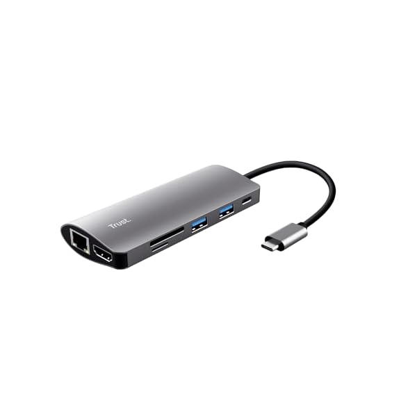 Trust Dalyx 7-in-1 USB-C Multi-Port Adapter, USB-C, 2 USB-A, HDMI, Ethernet, Micro SD, SD Card, HDR and HDMI 1.4 (4k 30Hz), USB-C Charge Port, MacBook, PC, Laptop, Chromebook