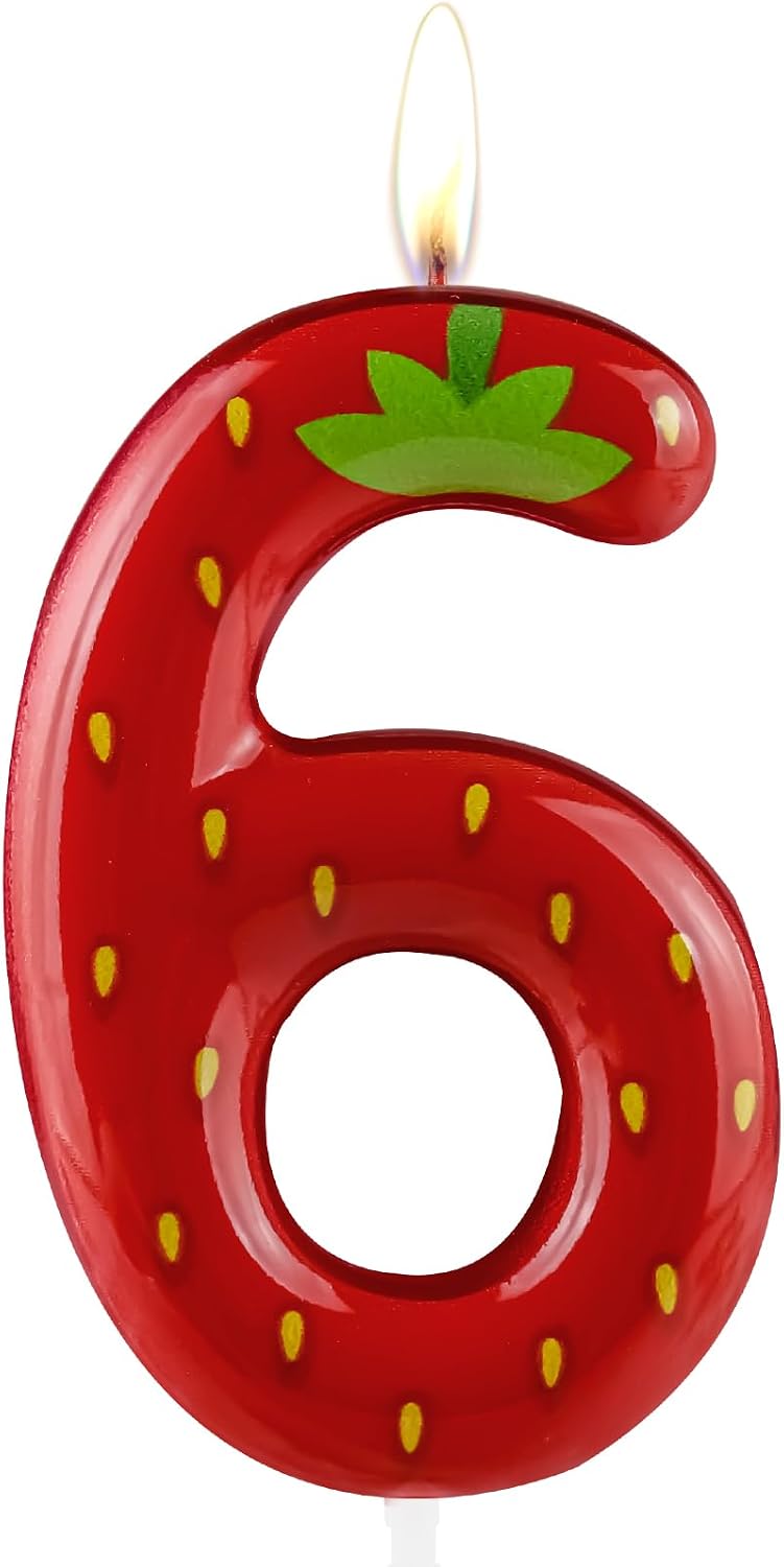 Strawberry Number 6 Candle, Modern Fruit Themed Birthday Cake Decoration, Metal Craft Design, Novelty Candle