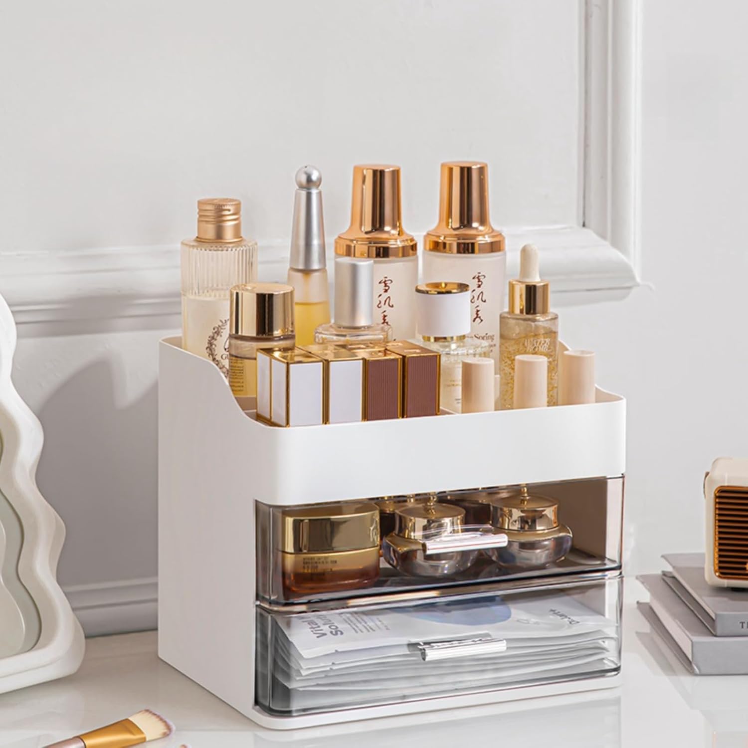 Organizador de maquillaje para tocador, organizador de tocador con 2 cajones, organizadores de maquillaje y cuidado de la piel, vitrina de