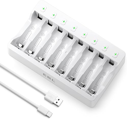 EBL Cargador de batería AA AAA de 8 bahías, cargador de batería individual con función de carga rápida de 5 V 2 A para baterías recargables Ni-MH