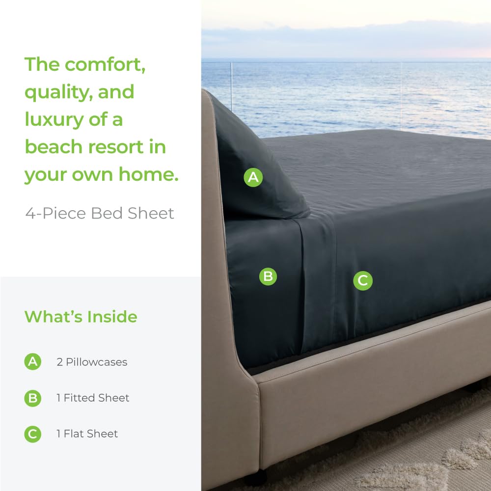 Cariloha Resort 4-Piece Sateen Sheet Set | Blue Lagoon | Split King | Viscose Material | Thermal-Regulating, Extra Soft Cooling Sheets