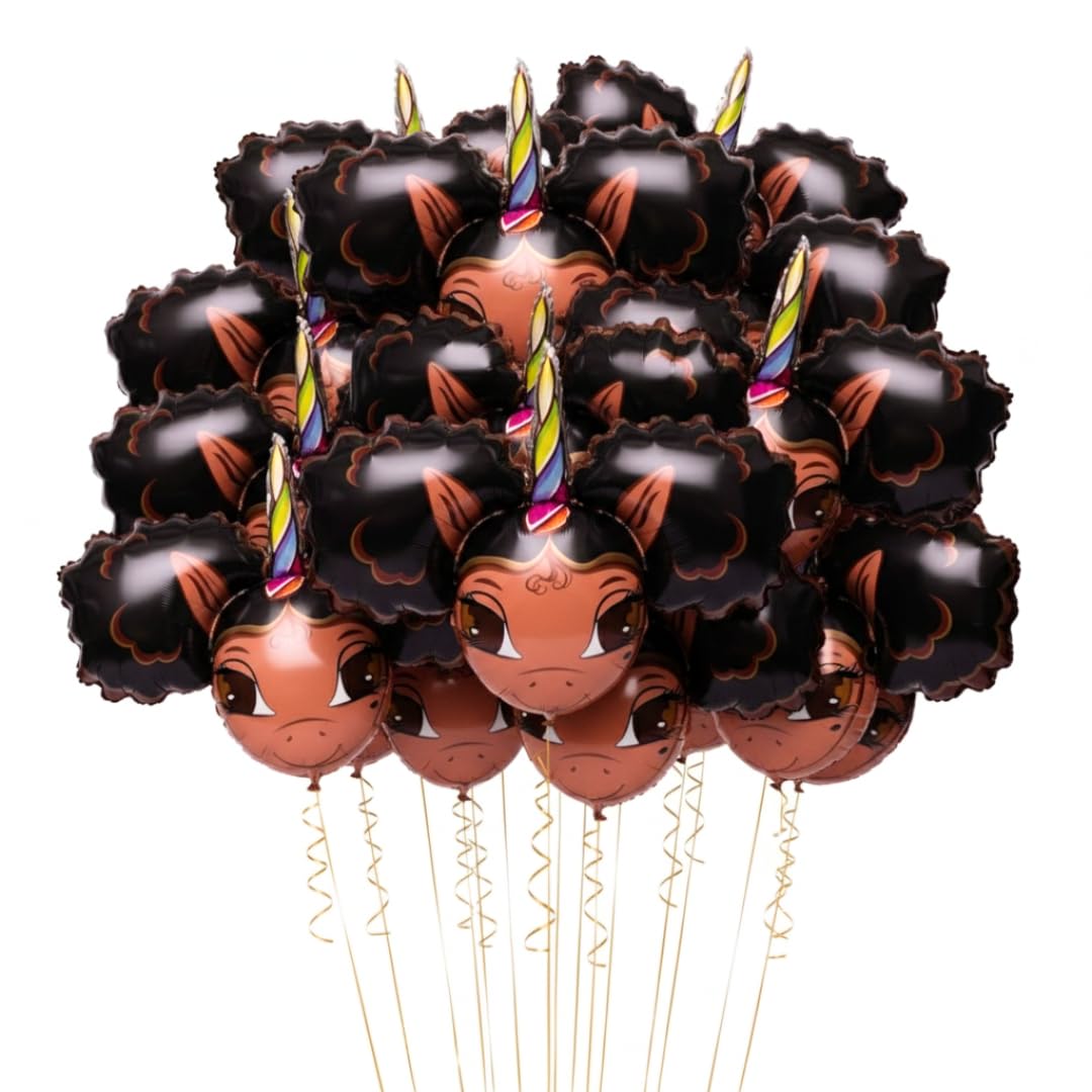 Paquete de 12 globos de aluminio jumbo de unicornio negro Chloe con soplos afro