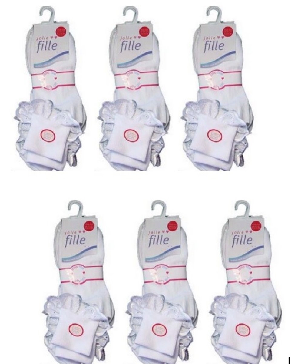 Jolie Fille Girls White 6 Pairs Kids Cotton Lace Ankle Socks School Frilly All Sizes