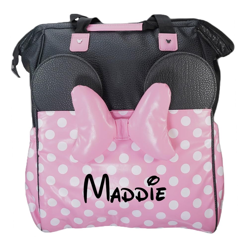 Girl Diaper Bag - Personalized Minnie Mouse - Officially Licensed - Baby Girl Pink Bow Polka Dot Multi Pocket Diaper Bag Baby Set