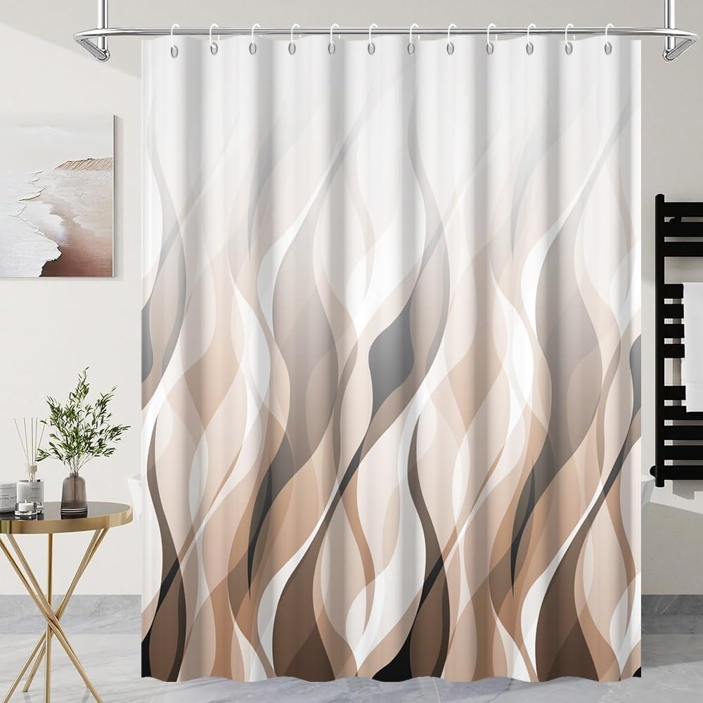 UIYIUI Brown Coffee Striped Geometric Shower Curtain 39x75in/100x190/WxH Abstract Waves Shower Curtain for Bathroom Decor, Modern Art Minimalist Waterproof Fabric Bath Curtains with Hooks
