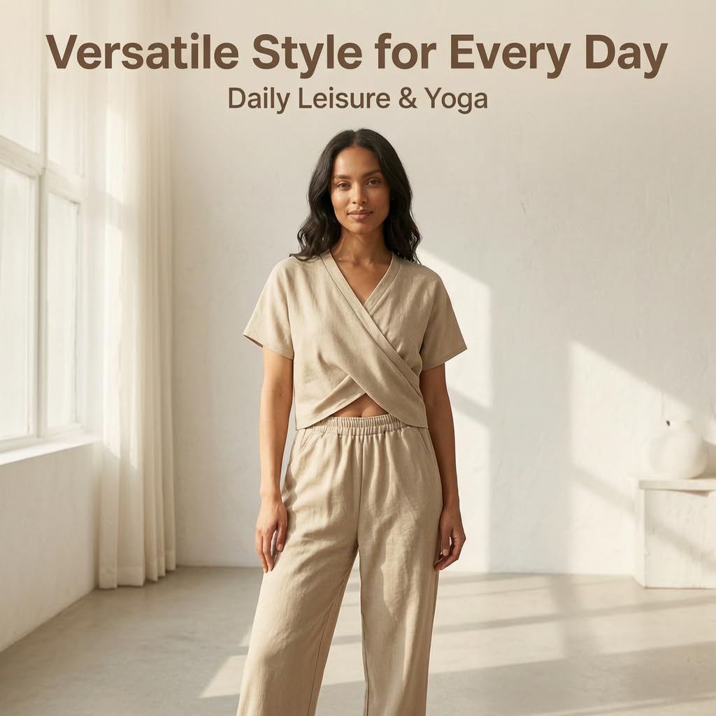 Generisch Survêtement élégant pour femme - En lin - Deux pièces - Pantalon et haut à manches courtes - Col en V - Couleur unie