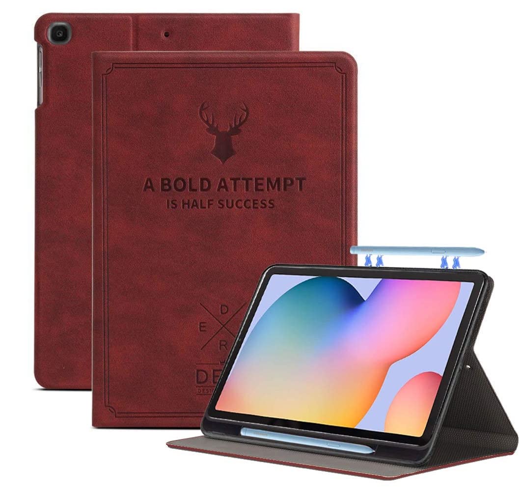 Robustrion Deer Flip Stand Case Cover [Auto Sleep Wake] with S Pen Holder for Samsung Galaxy Tab S6 Lite Tablet Cover 10.4 inch SM-P610/P615/P613 - Deer Vine Red-image-42