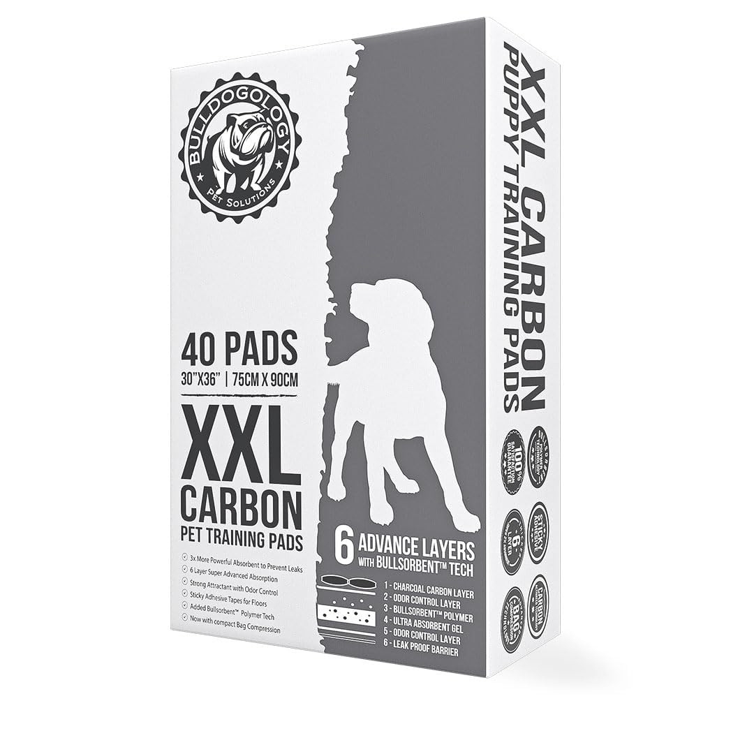 Bulldogology Charcoal XXL Pee Pads for Dogs (30x36) Puppy Pee Pads with Adhesive Sticky Tape - Leak Proof Charcoal Puppy Pads - Ultra Absorbing Charcoal Dog Pads - Activated Carbon Pee Pads (40-Count)