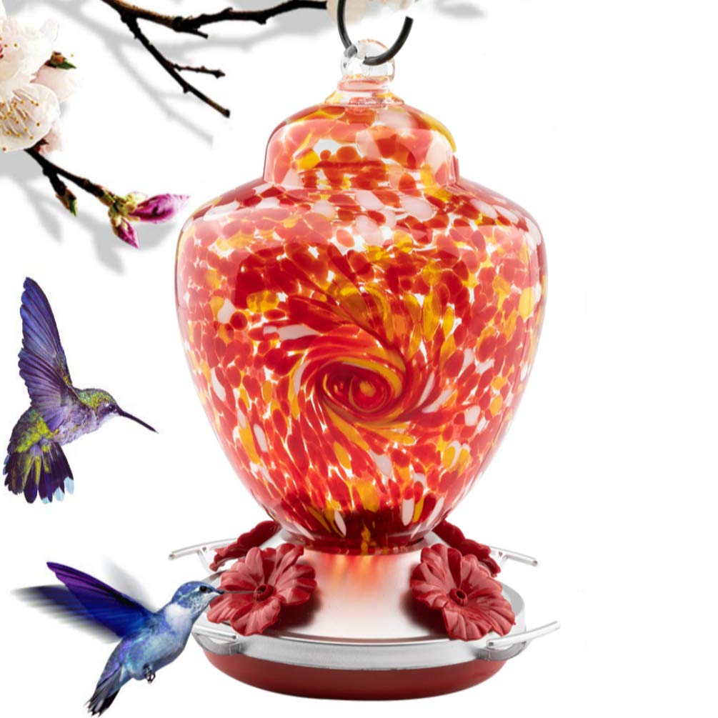 Hummingbird Feeder with Perch - Hand Blown Glass - Red - 38 Fluid Ounces Hummingbird Nectar Capacity Include Hanging Wires and Moat Hook