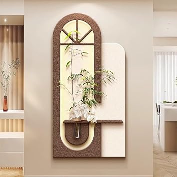 Fashion 3D Wall Art with LED Lights, Sandstone Wall Decor with Vase, Living Room Decoration Hanging Painting, Entrance MuralBrown,40x80cm/15.7x31.5in