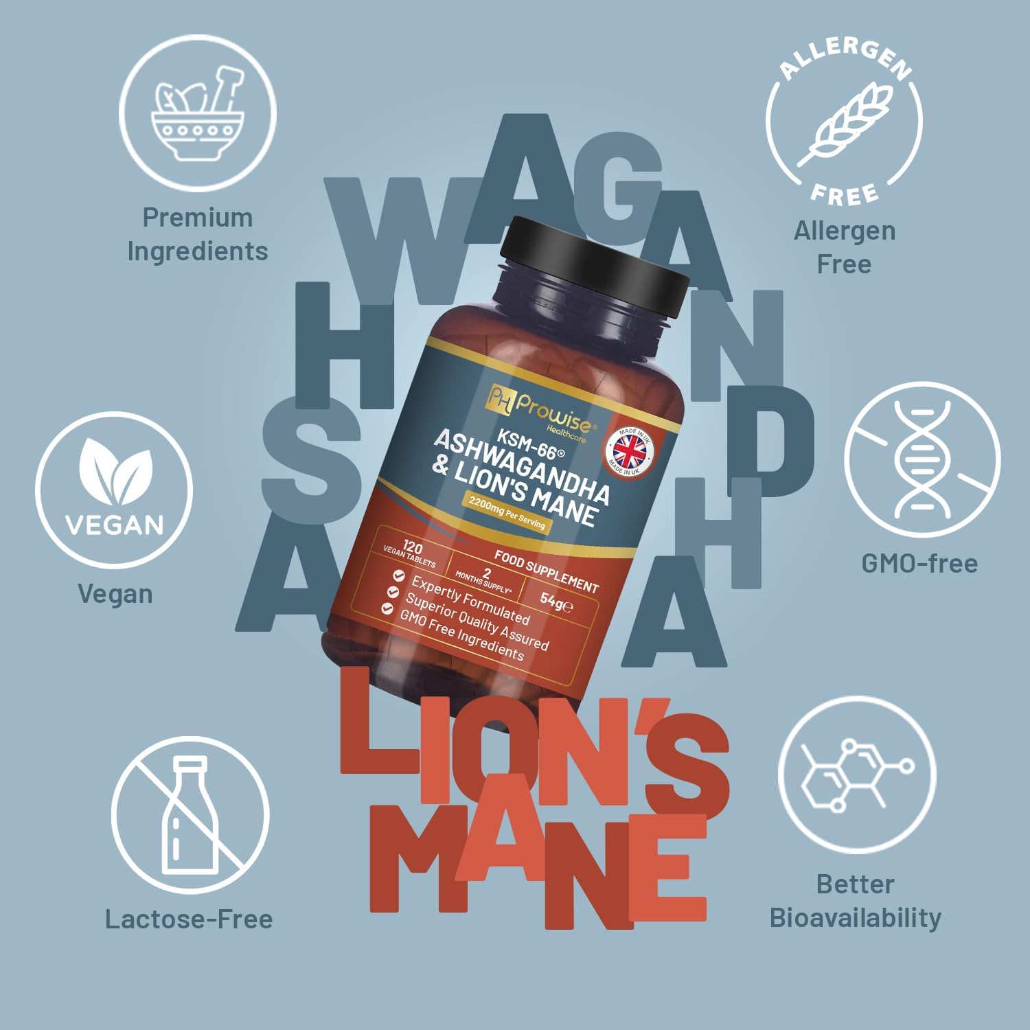 KSM-66 Ashwagandha and Lions Mane Tablets - High Strength 2200mg | KSM-66 Ashwagandha Root Extract and Lions Mane Mushroom Extract - 120 Vegan Tablets with Black Pepper - UK Made by Prowise