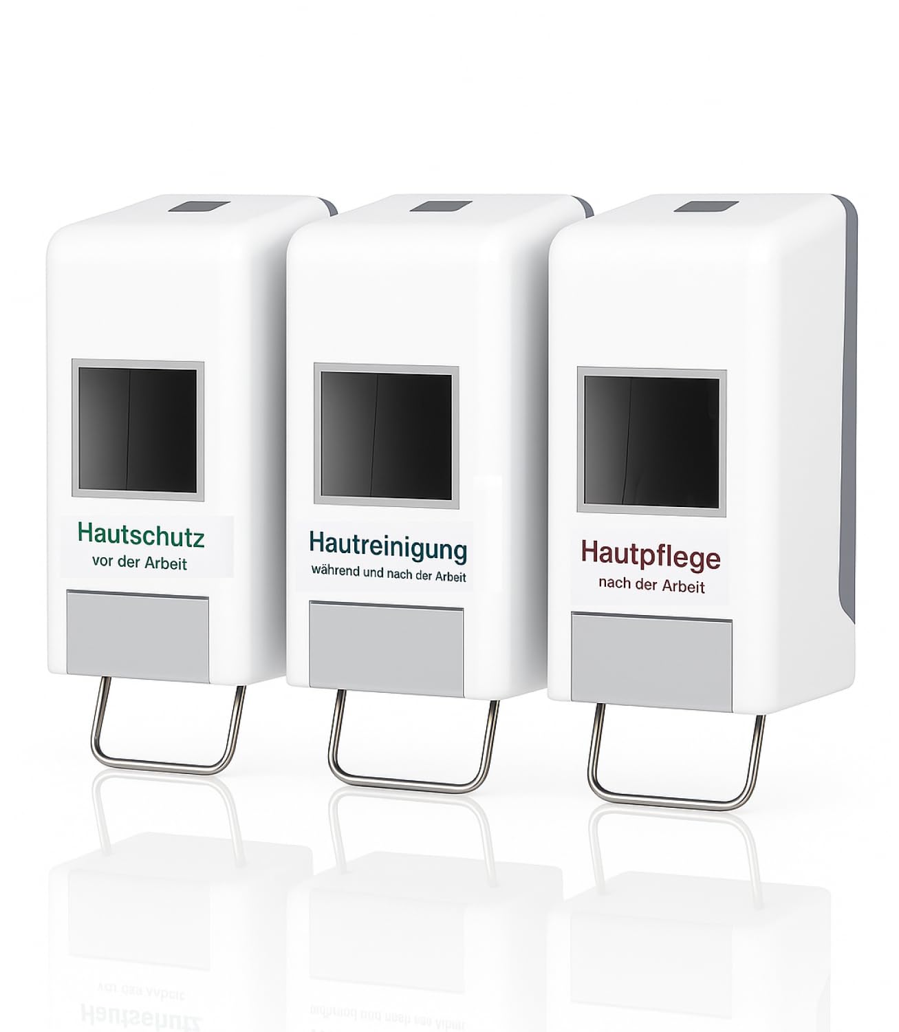 Softflaschenspender Tri 1–2 Liter Weiß-Grau | 3-fach Spendersystem, ideal für Hautschutzpläne, für 1- & 2-Liter-Softflaschen