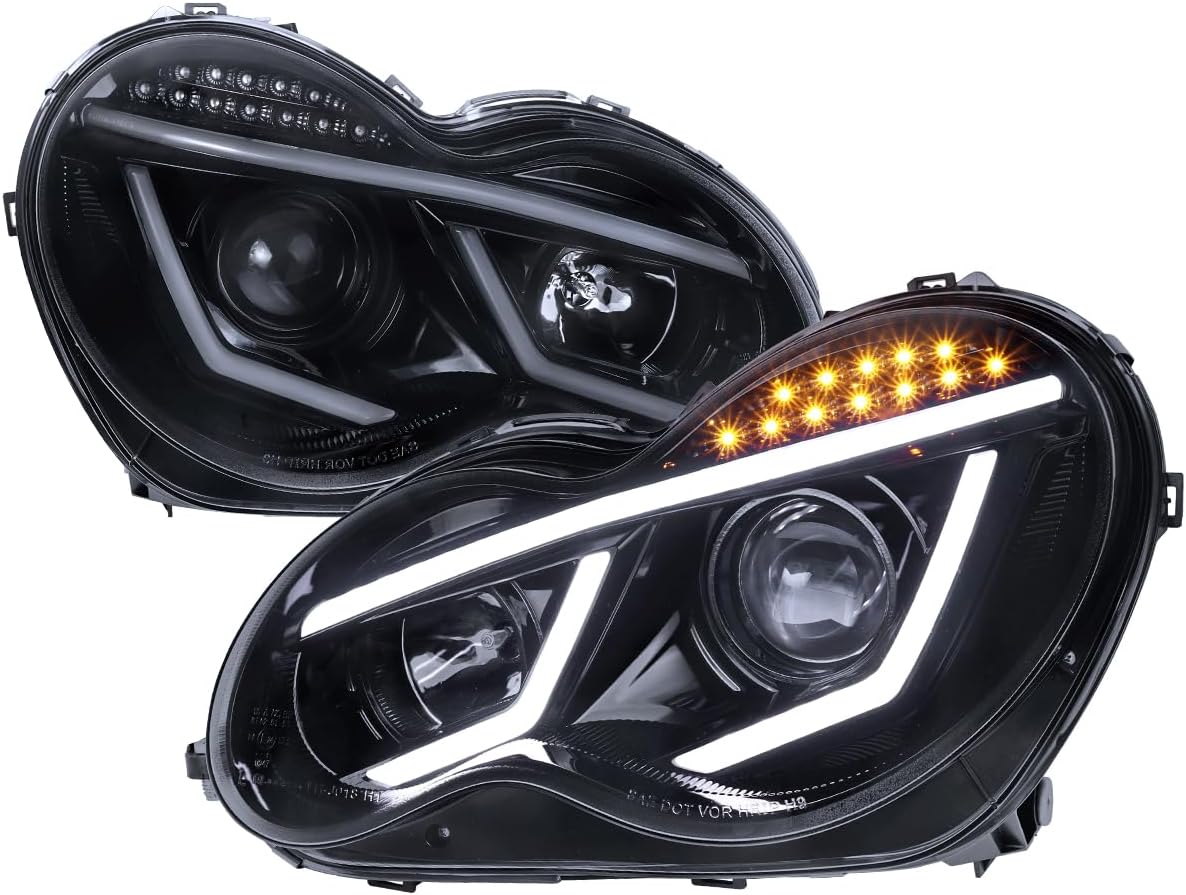 SPEC-D TUNING Glossy Black Smoke LED Projector Headlights Compatible with 2001-2007 Mercedes-Benz W203 C-Class Sedan, Left + Right Pair Headlamps Assembly