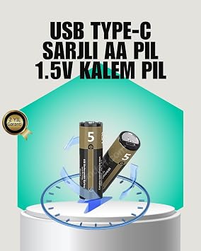 YamanHobi 1.5V AA  arjl  Lityum Pil | 1000+ Kez  arj Edilebilir | H zl  Type-C  arj 2 Adet