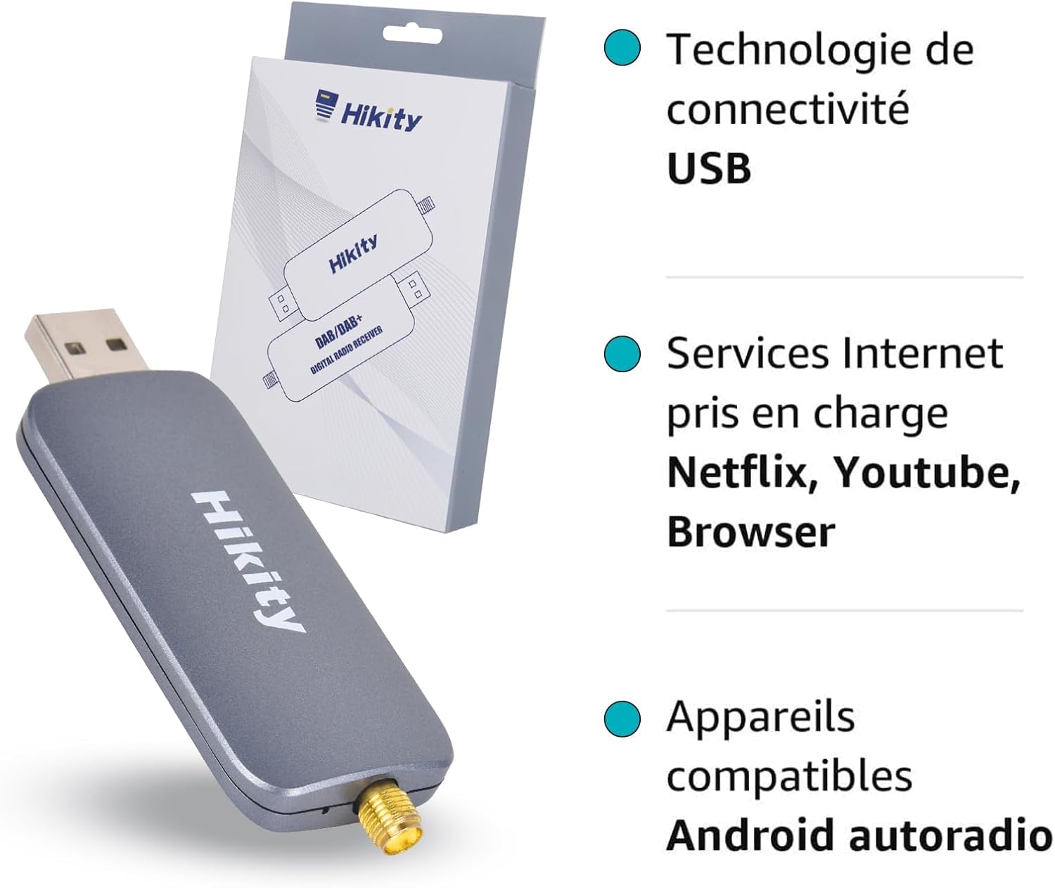 [2026 Nuovo] Hikity DAB/DAB+ Adattatore, DAB Dongle in Macchina Ricevitore Radio Digitale USB 2.0 Stick con Antenna Auto per Android Autoradio
