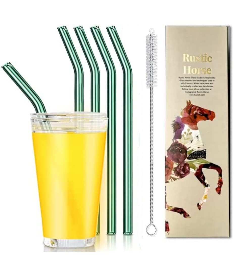 RUSTIC HORSE Glass Straws by Rustic Horse Pack of 4 with Brush (Colour Mix) (Aquamarine Blue)