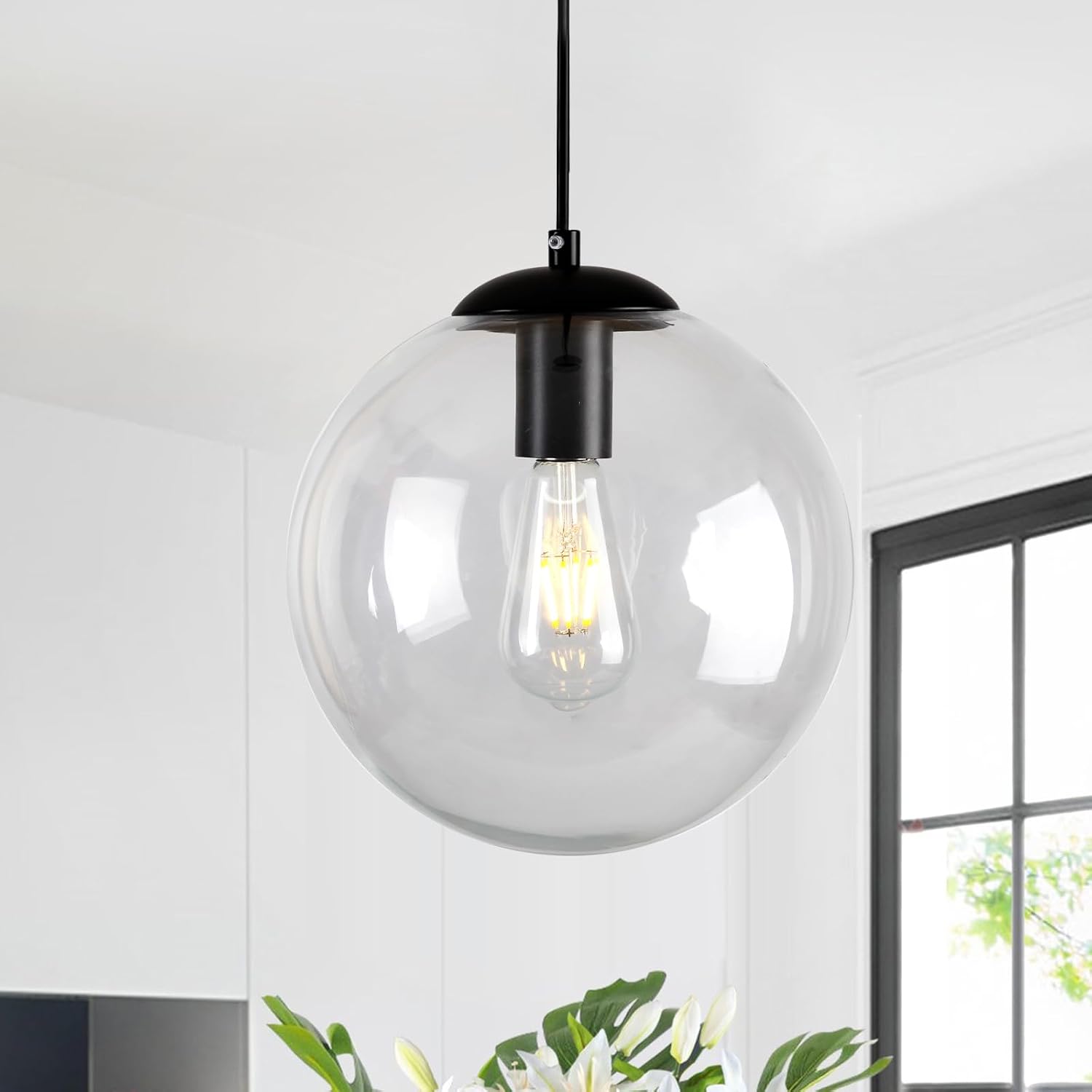 Black Globe Pendant Light - Mid Century Modern Light Fixture With Clear Glass, Adjustable Chandelier Island Light, Hanging Ceiling Light For Kitchen, Bedroom, Living Room, Dinning Room, Hallway
