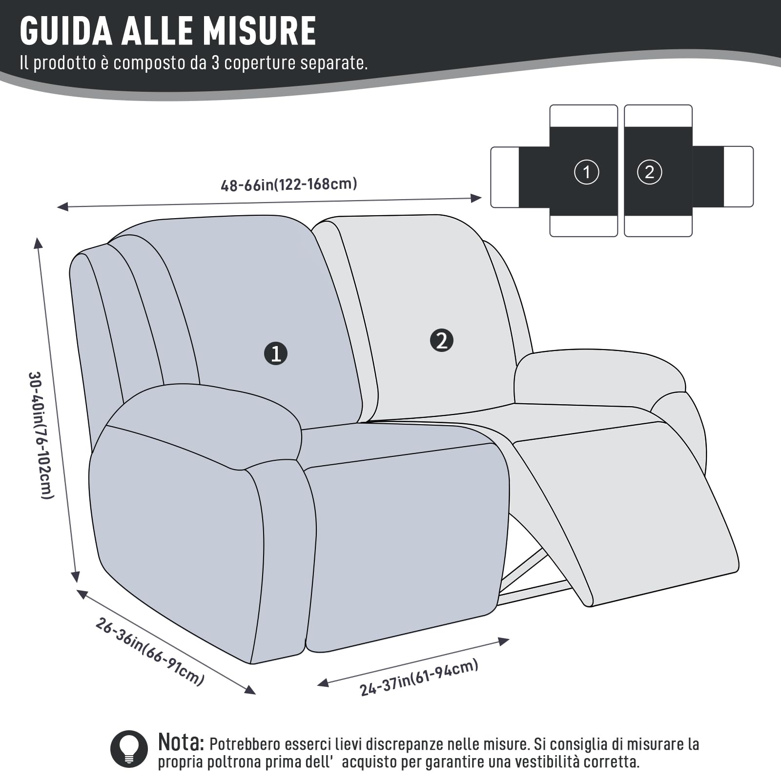 KinCam Copridivano 2 Posti Con Braccioli, Copripoltrona Reclinabile Elasticizzato, Copridivani Antiscivolo Tasca Laterale copri poltrona per Animali telo copridivano Grigio chiaro