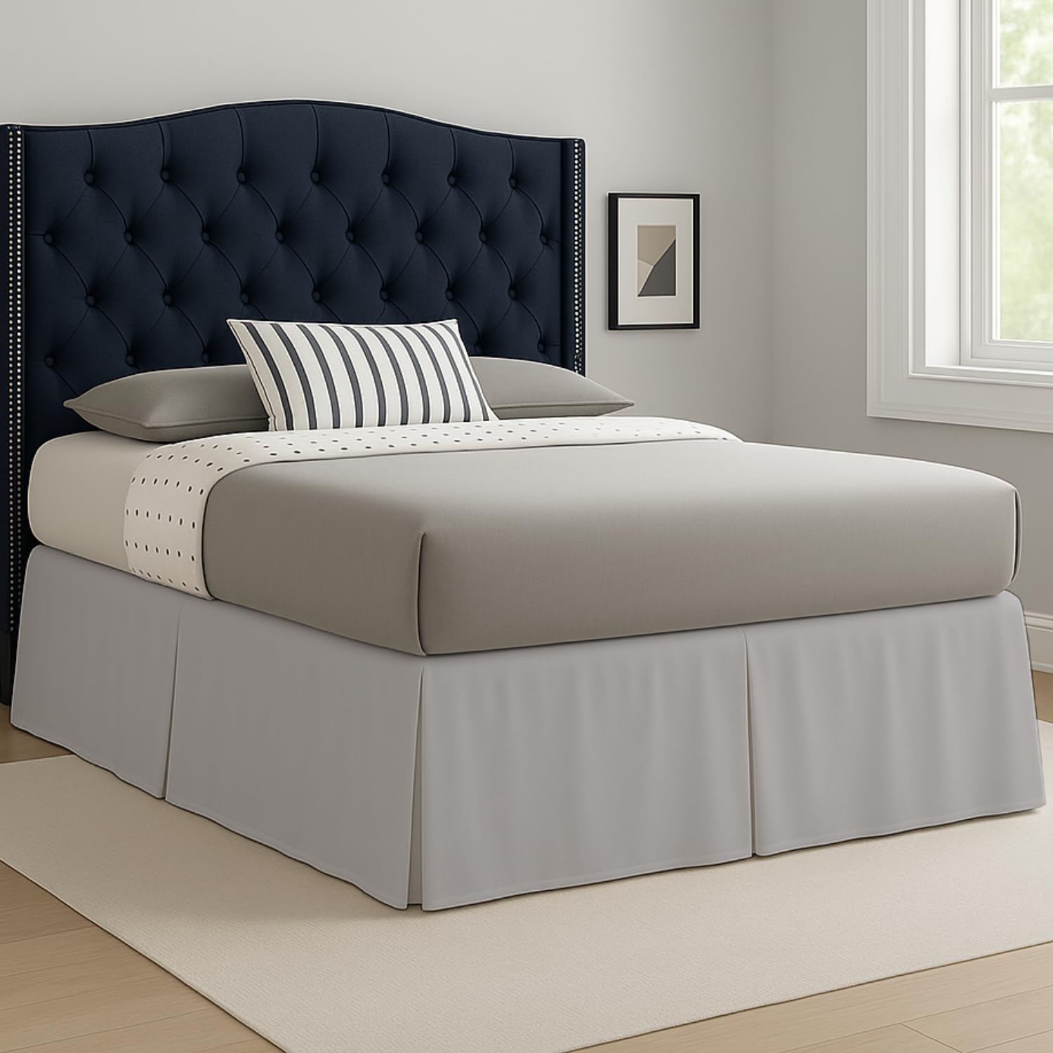 Laam Linen Silver Easy Care Plain Dyed Polycotton Pleated Base Valance Sheet Hotel Quality Bedding Sets (, Single)