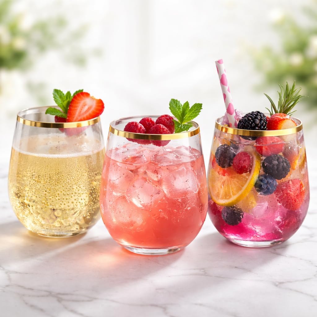 Oojami 36 Pack Disposable Plastic Wine Glasses Gold Rim 12 Oz - Stemless Clear Cocktail Whiskey Cups, Shatterproof Unbreakable for Wedding Party - Image 5