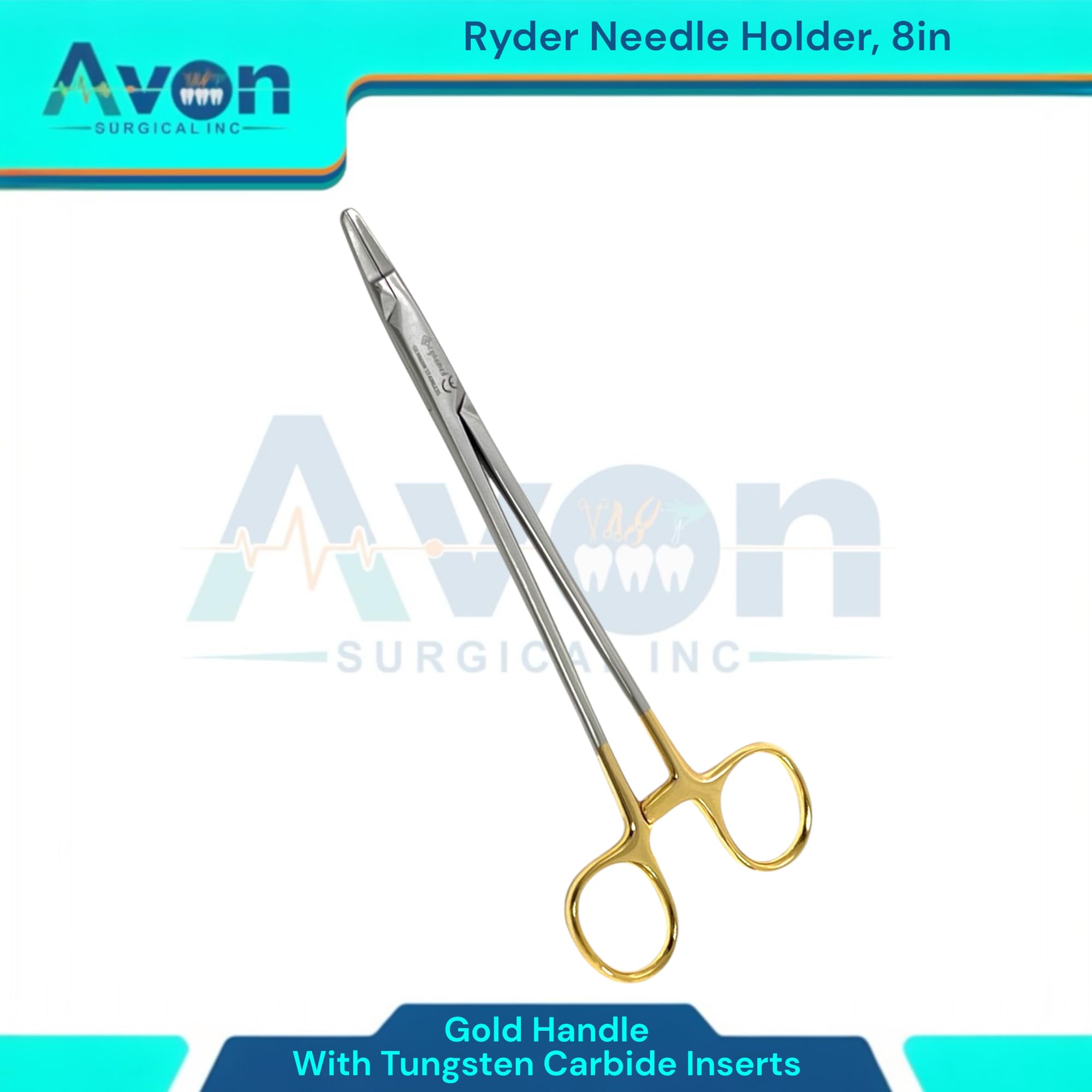 8in TC Ryder Needle Holder with Gold Handle, Tungsten Carbide Inserted Jaws Needle Driver - German Stainless Steel Dental