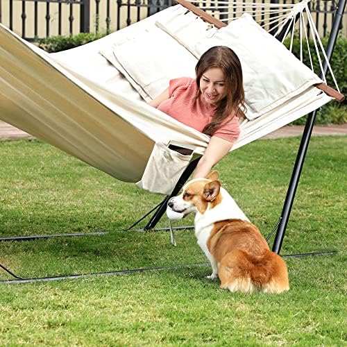 SONGMICS podwójny hamak z 2 poduszkami, łóżko huśtawka nadaje się dla 2 osób, 70% bawełna, 210 x 150 cm, nośność 300 kg, beżowy GDC22M