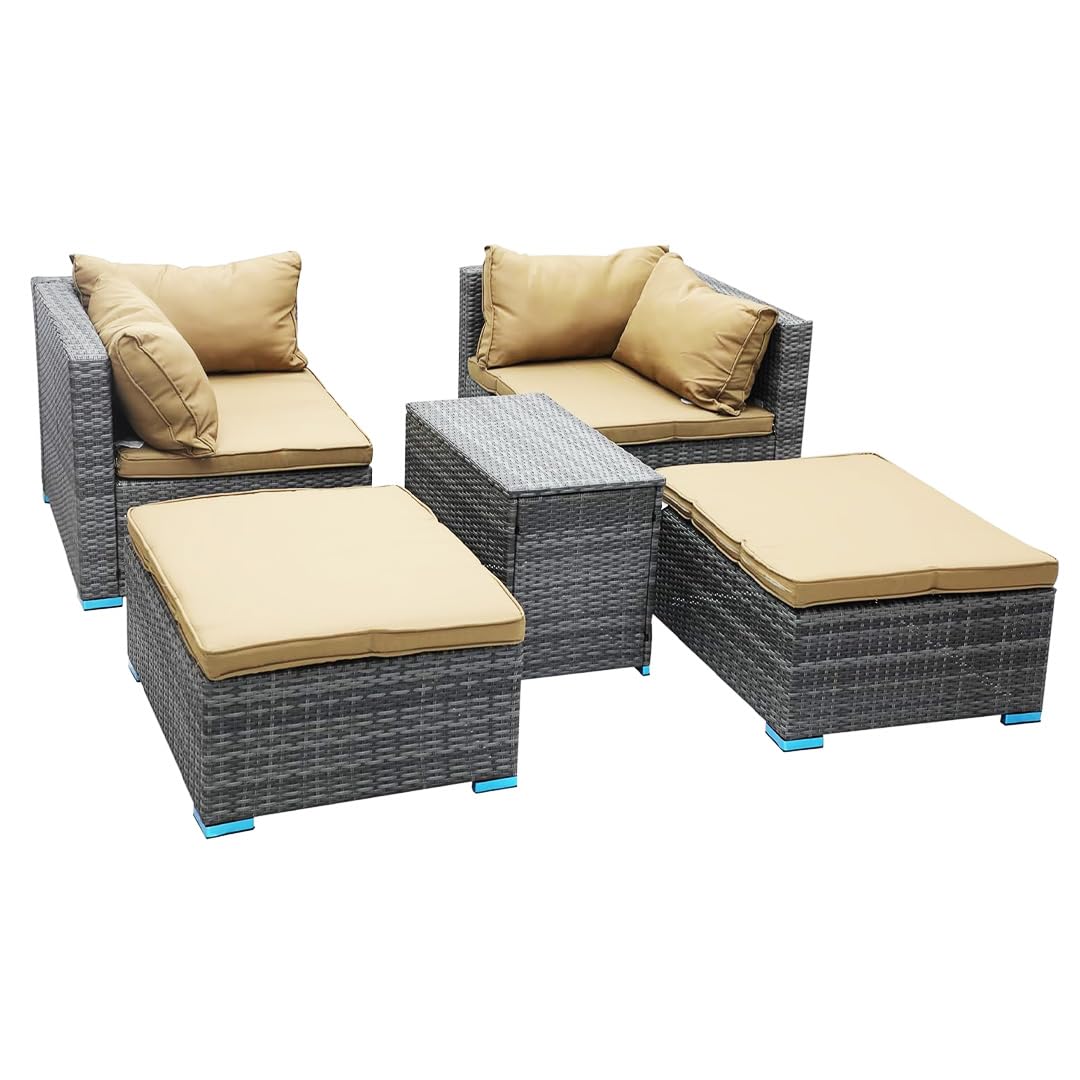 Multi Home Furniture Grey PE Rattan 5-Piece Outdoor Sofa Set with Golden Cushions – Outdoor Furniture with 2 Sofa Chairs, 2 Ottomans & 1 Coffee Table, Suitable for Balcony Furniture & Garden Furniture