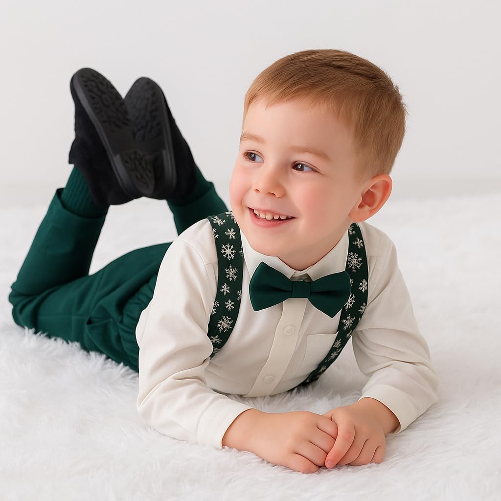 Ensemble Bébé Garçon Chemise de Noël Costume de Gentleman Vêtements Enfants Chemise à Manches Longues et Pantalon à Bretelles Nœud Papillon