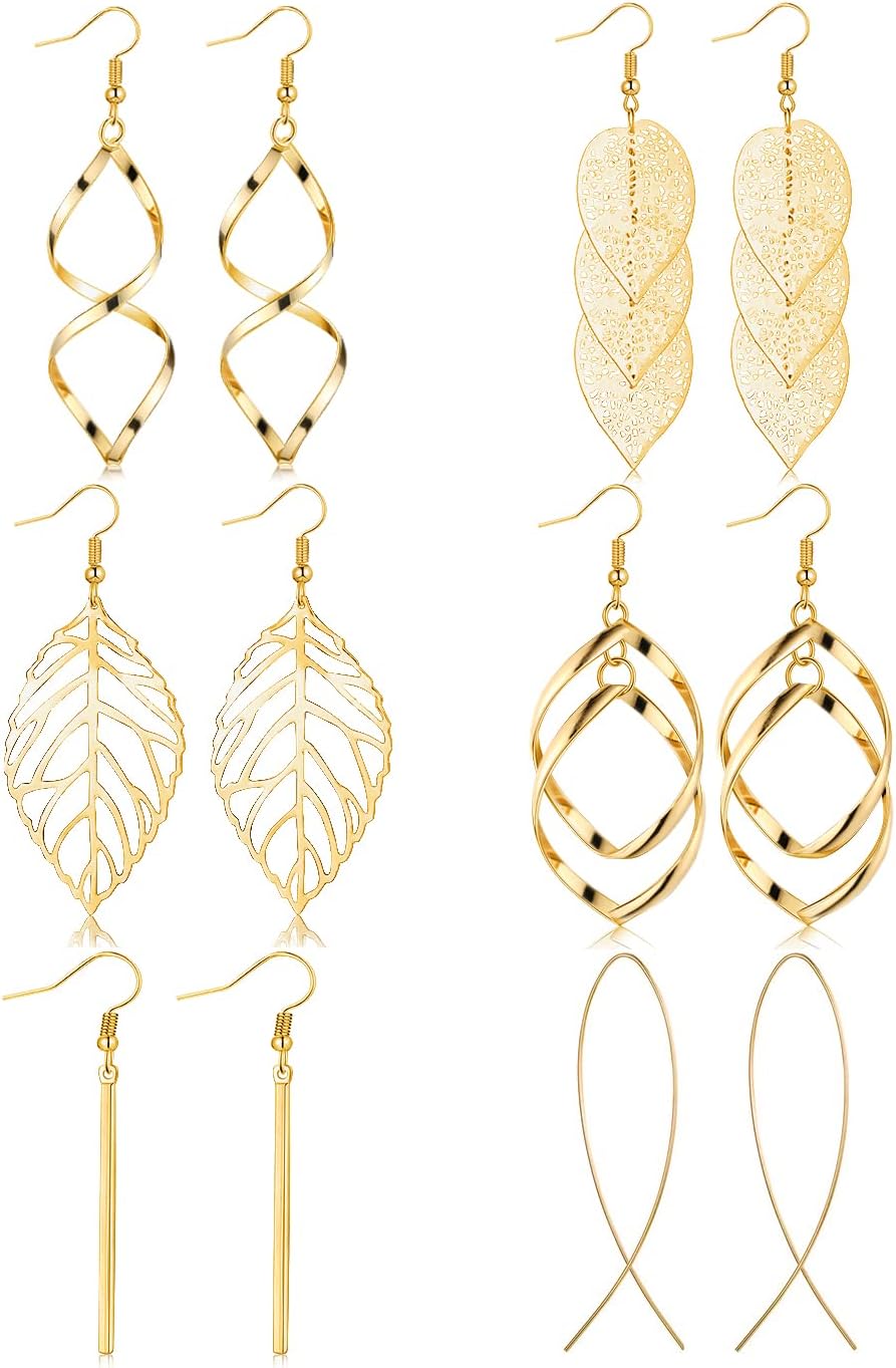 6 Pairs Drop Dangle Earrings for Women Long Bar Double Twist Wave Curved Threader Cut Out Leaf Lightweight Earrings Set