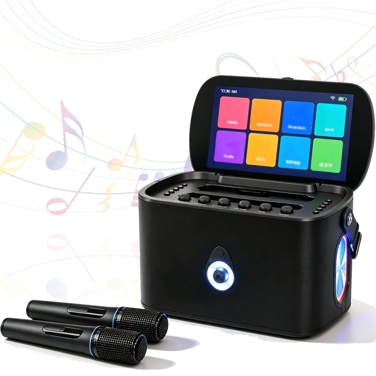 Máquina de Karaoke portátil Todo en uno con Pantalla táctil Plegable Autotu | Altavoz de Karaoke WiFi y Bluetooth con 2 micrófonos inalámbricos, compatible con tarjeta USB TF for fiesta en casa
