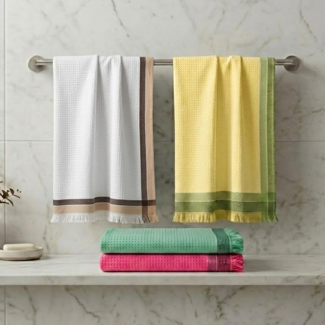 Athom Living Cotton Waffle Border Bath Towel Set, Lightweight & Quick Dry, Premium Soft Absorbent Fabric, 75x150 cm, Pack of 4 β Durable, Skin-Friendly & Machine Washable