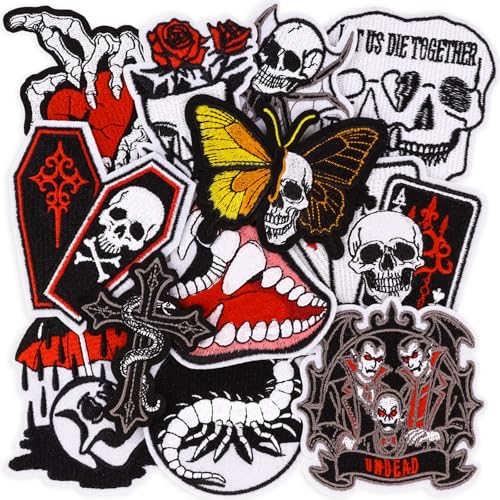 12PCS Goth Iron On Patches Black Gothic Horror Embroidered Patch Punk Emo Fashion Dark Aesthetic Sew On Applique for Clothing Jackets Backpacks Jeans Trucker Hats Vest Repair Decoration DIY Crafts