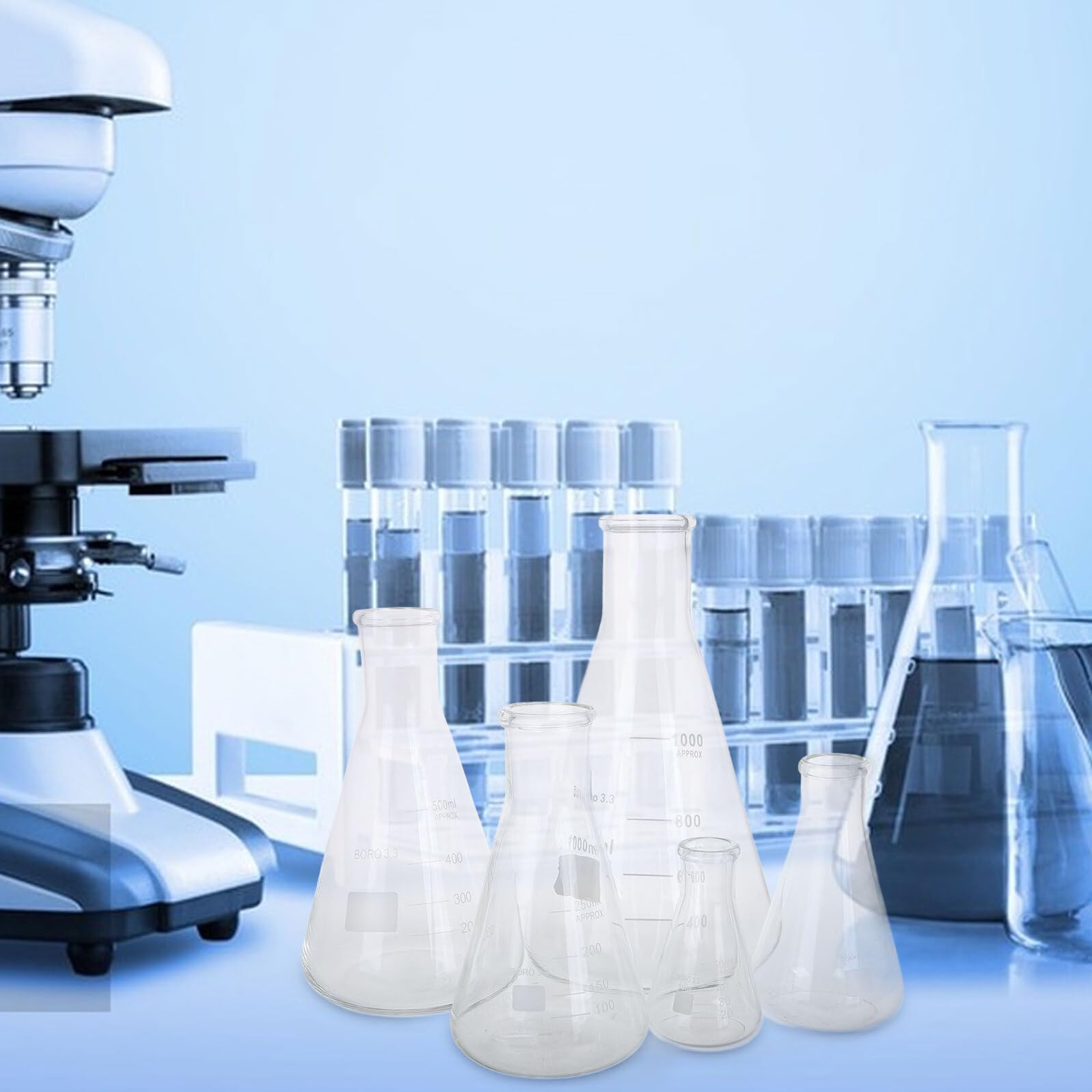 Juego de 5 Matraces de Vidrio de Borosilicato de Alta Resistencia, Base Triangular y Capacidad Variada para Pruebas Científicas en Laboratorio