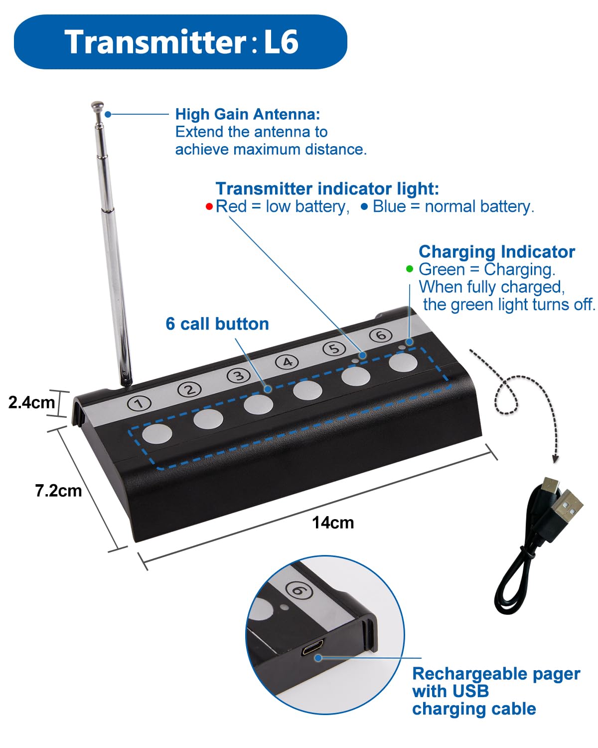 Sistema di Chiamata Wireless camerieri, cercapersone di Cucina, Personale di Sala e Chef. Notifica con Un Solo Pulsante per i camerieri Che devono (6 ricevitori + 1 trasmettitore L6).