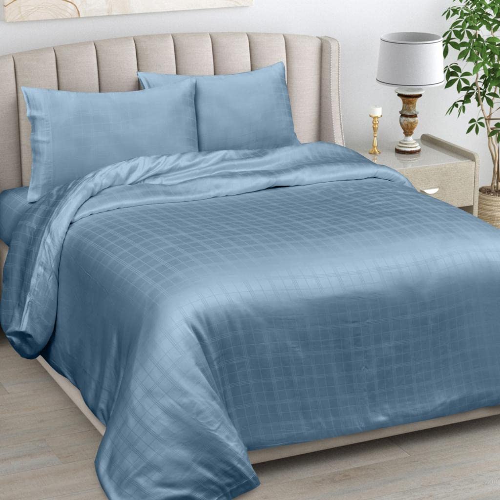 LINENWALAS 100% Natural Bamboo Core Bedding Set 4 Pc Self Design Window Checks Pane- Luxury Softest Cool Bedding Perfect for Skincare, Duvet Cover, Fitted Sheet & Pillowcases (King, Bahamas Blue) โ image 1