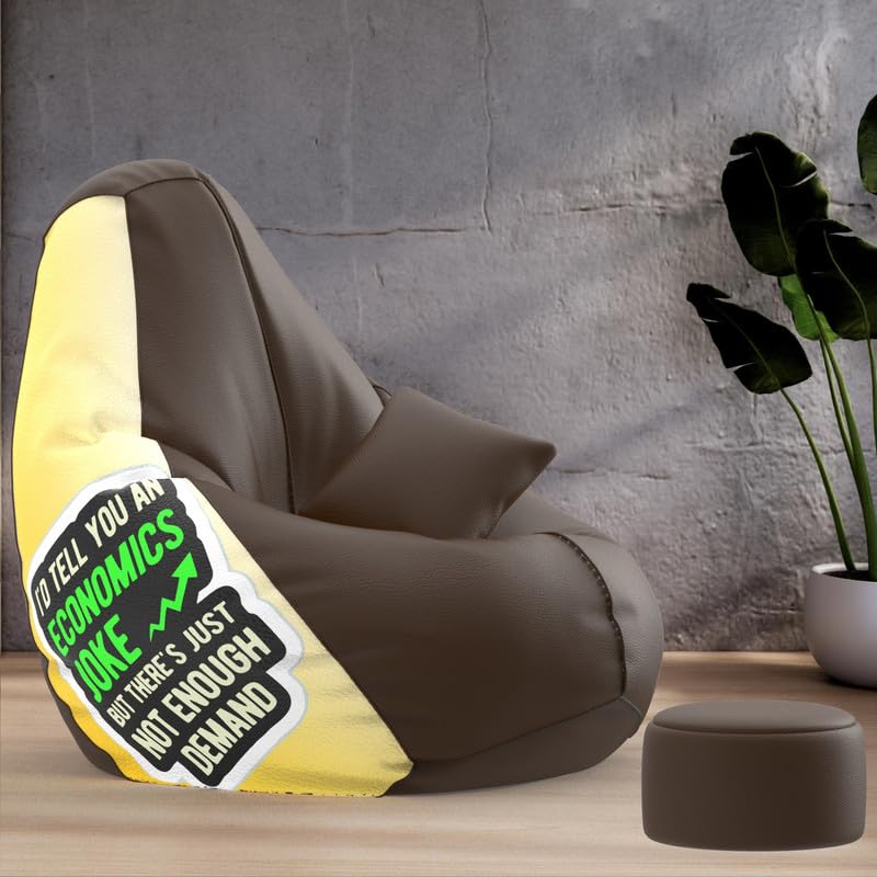 Biggie Bean Bag Chair Cover 4XL Evergreen Classics Bean Bag-Loud Prints-Soft Landings-Styled with Free Cushion & Footrest (Matching Color : Printed Economics Joke-Brown)-image-4