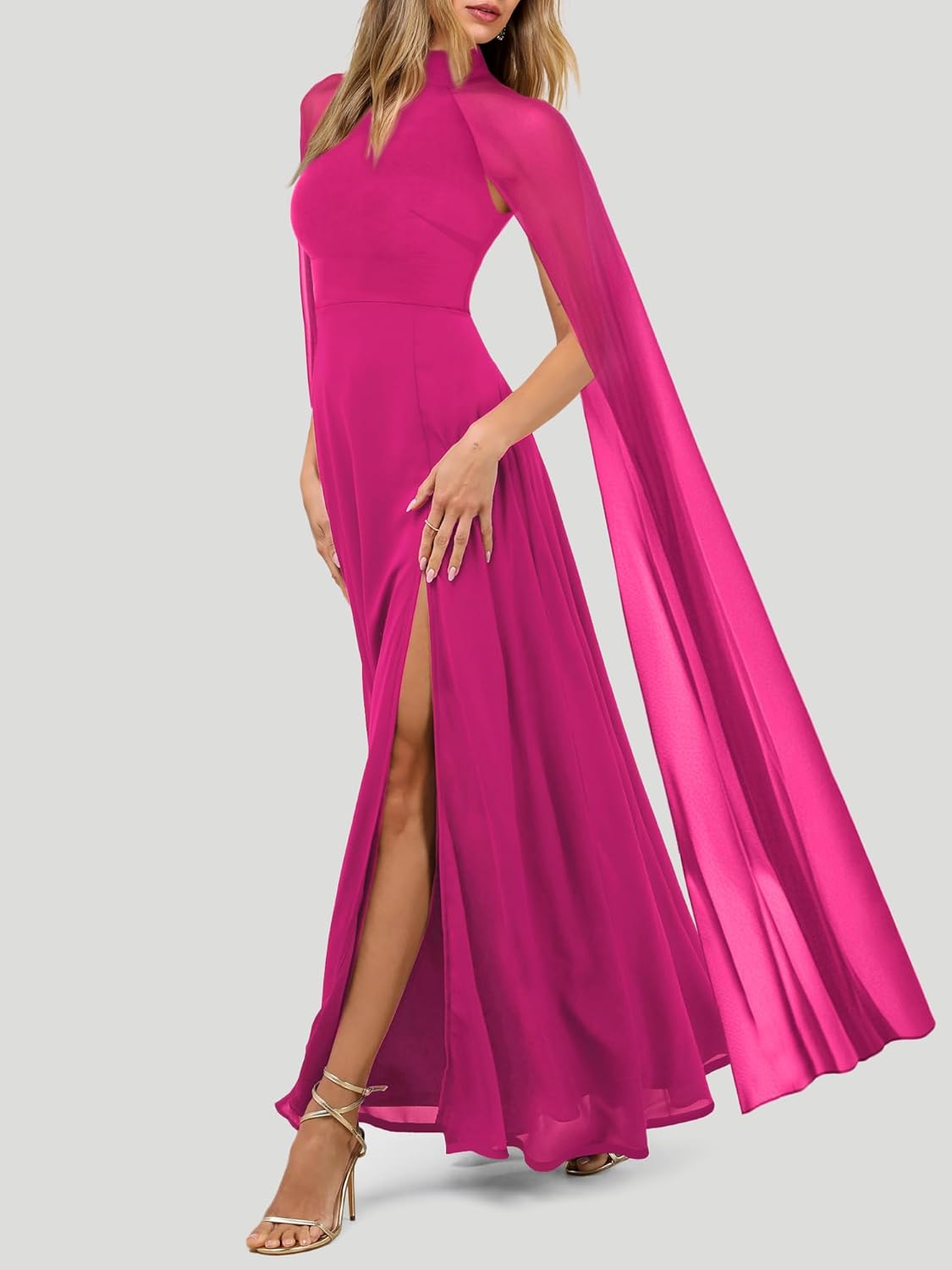 Lrady Women's Summer Wedding Guest Dress Halter Neck Sexy Split Cocktail Party Maxi Long Formal Dresses with Cape - Image 4