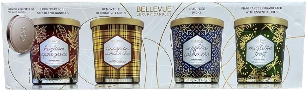 Bellevue Luxury Candles, 4 Soy Blend Candles 12 oz Each, Removable Labels, Lead-Free Wicks, Fragrances with Essential Oils