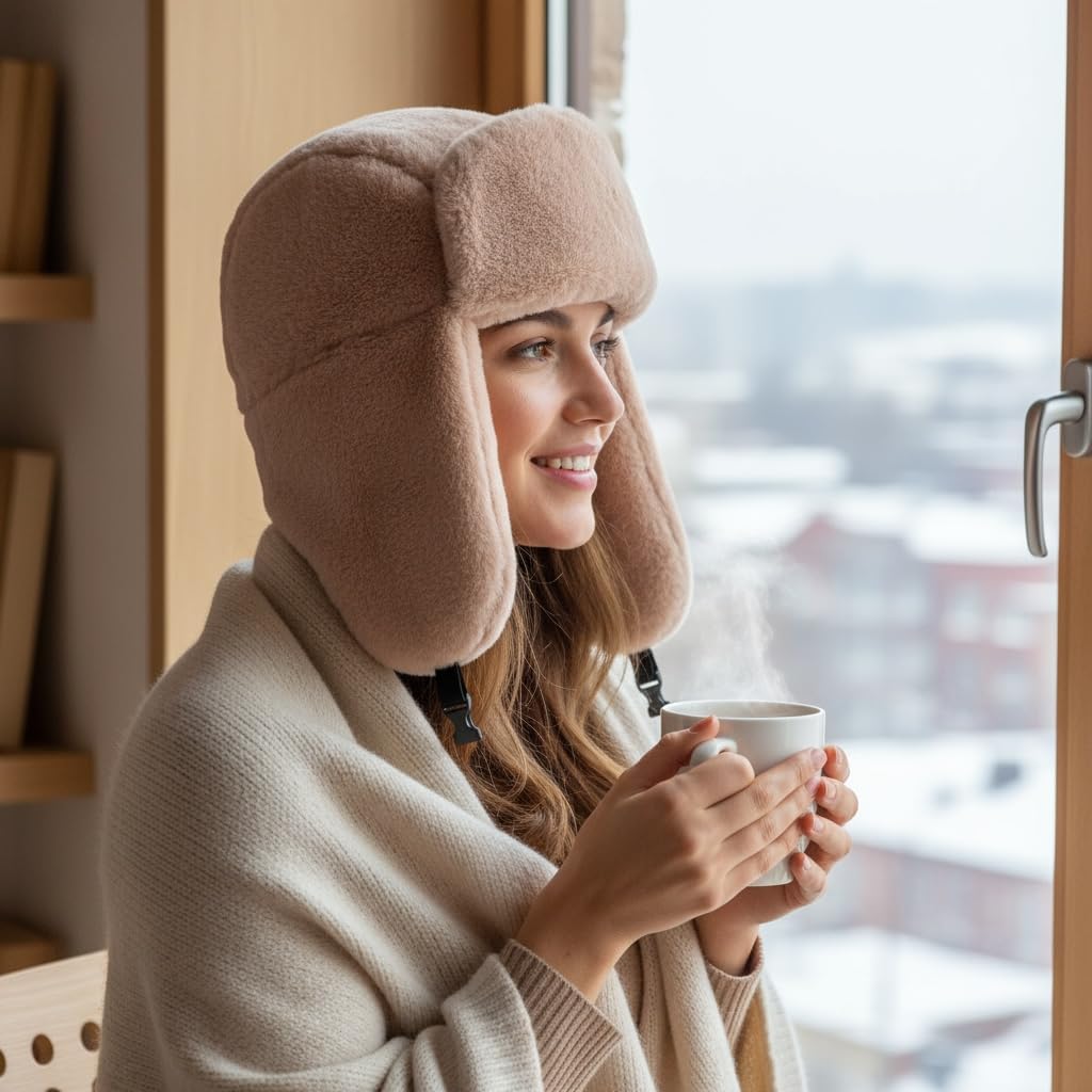 Tristan Home Plush Faux Fur Trapper Hat, Winter Ear Flap Hat with Chin Straps, Light Brown Khaki